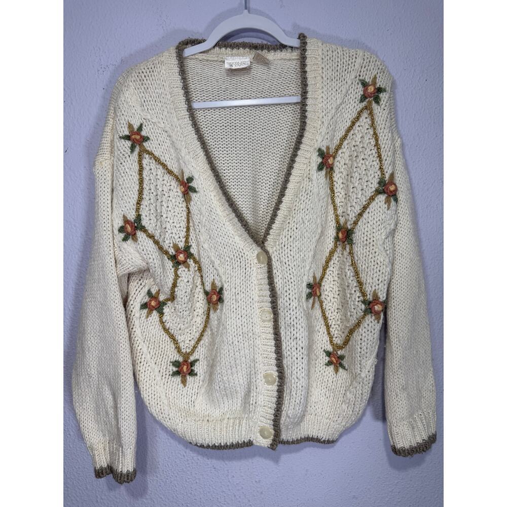 Vintage Cottagecore Swearer Floral Womens Embroidered Cardigan Cream Knit Medium